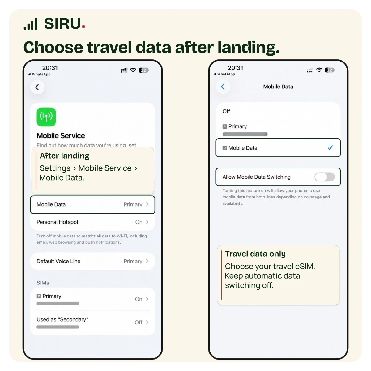 iPhone eSIM setup step 3: Choose travel data after landing.