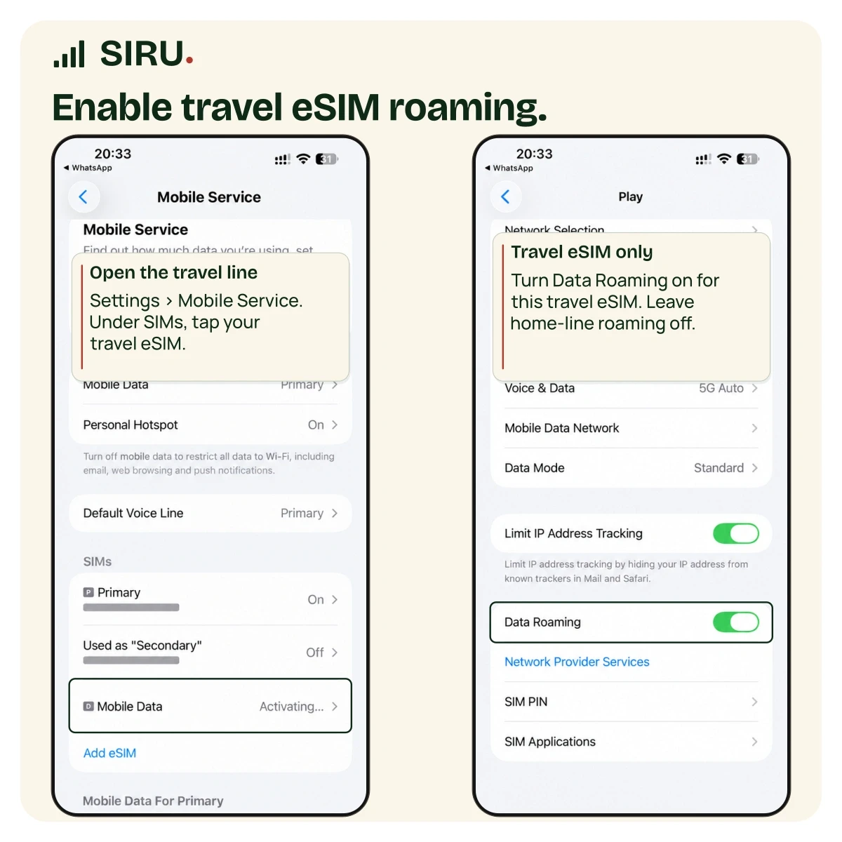 iPhone eSIM setup step 4: Enable travel eSIM roaming.